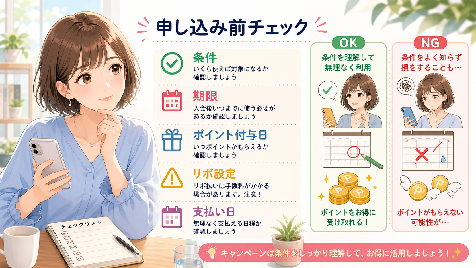 はるながクレジットカードキャンペーンの条件、期限、リボ設定、支払い日を確認しているイラスト