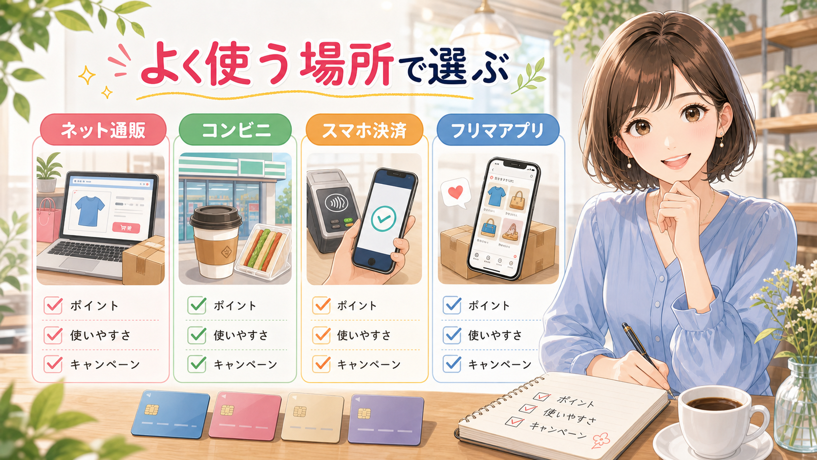 はるながネット通販、コンビニ、スマホ決済、フリマアプリの使い方別にカード候補を整理しているイラスト