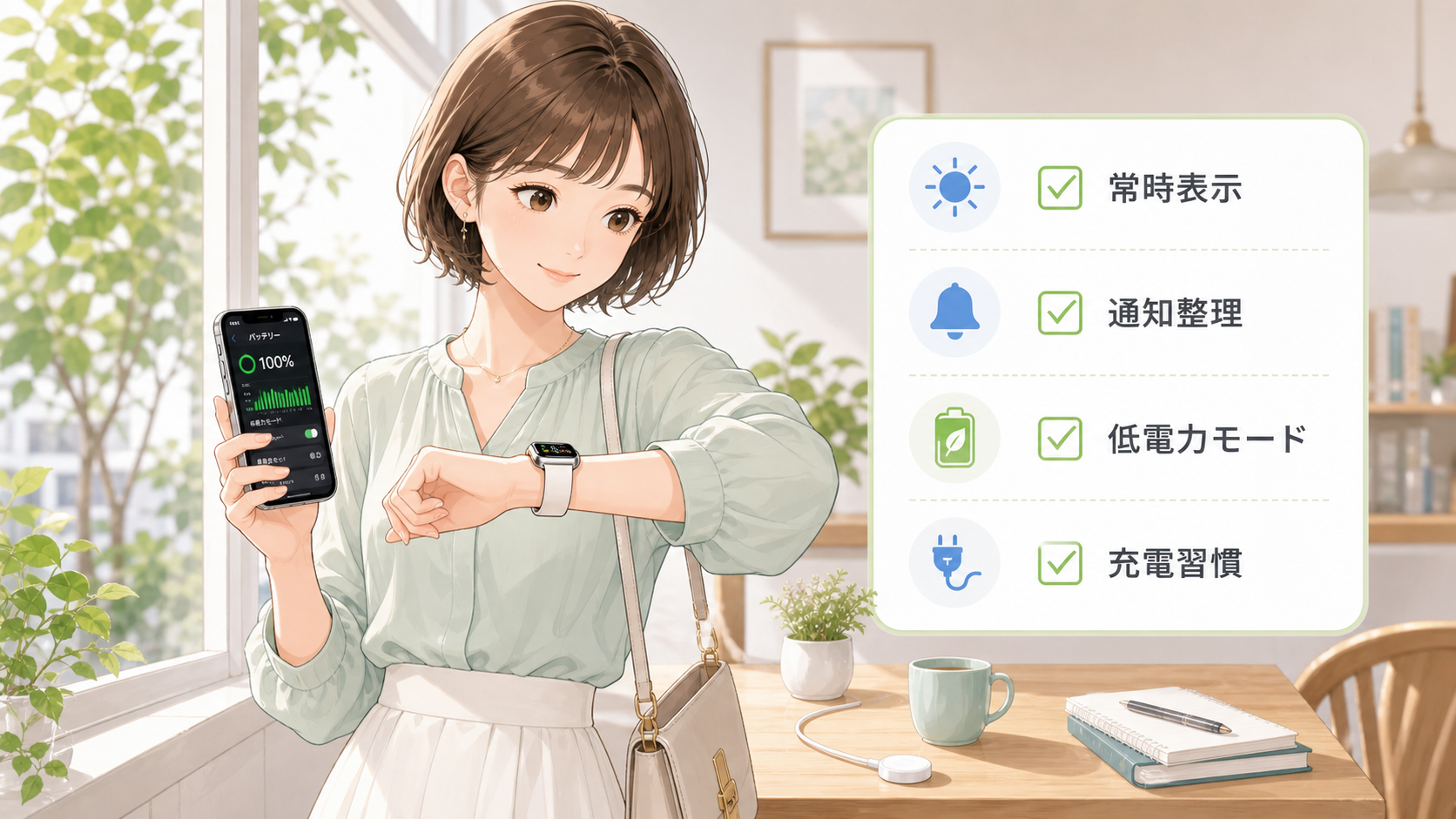 はるながApple Watchのバッテリー設定を確認しているイラスト。常時表示、通知整理、低電力モード、充電習慣をチェック