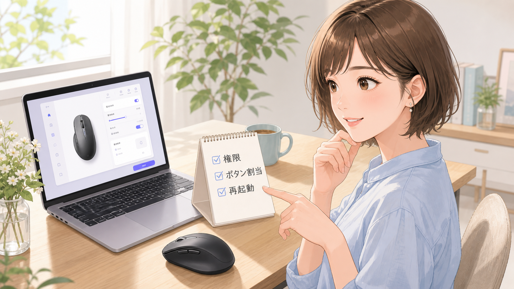 はるながMacのLogi Options+設定で権限、ボタン割当、再起動を確認しているイラスト