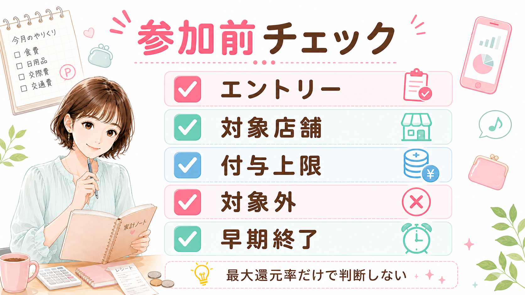 キャッシュレスキャンペーン参加前にエントリー、対象店舗、付与上限、対象外、早期終了を確認するチェックリスト