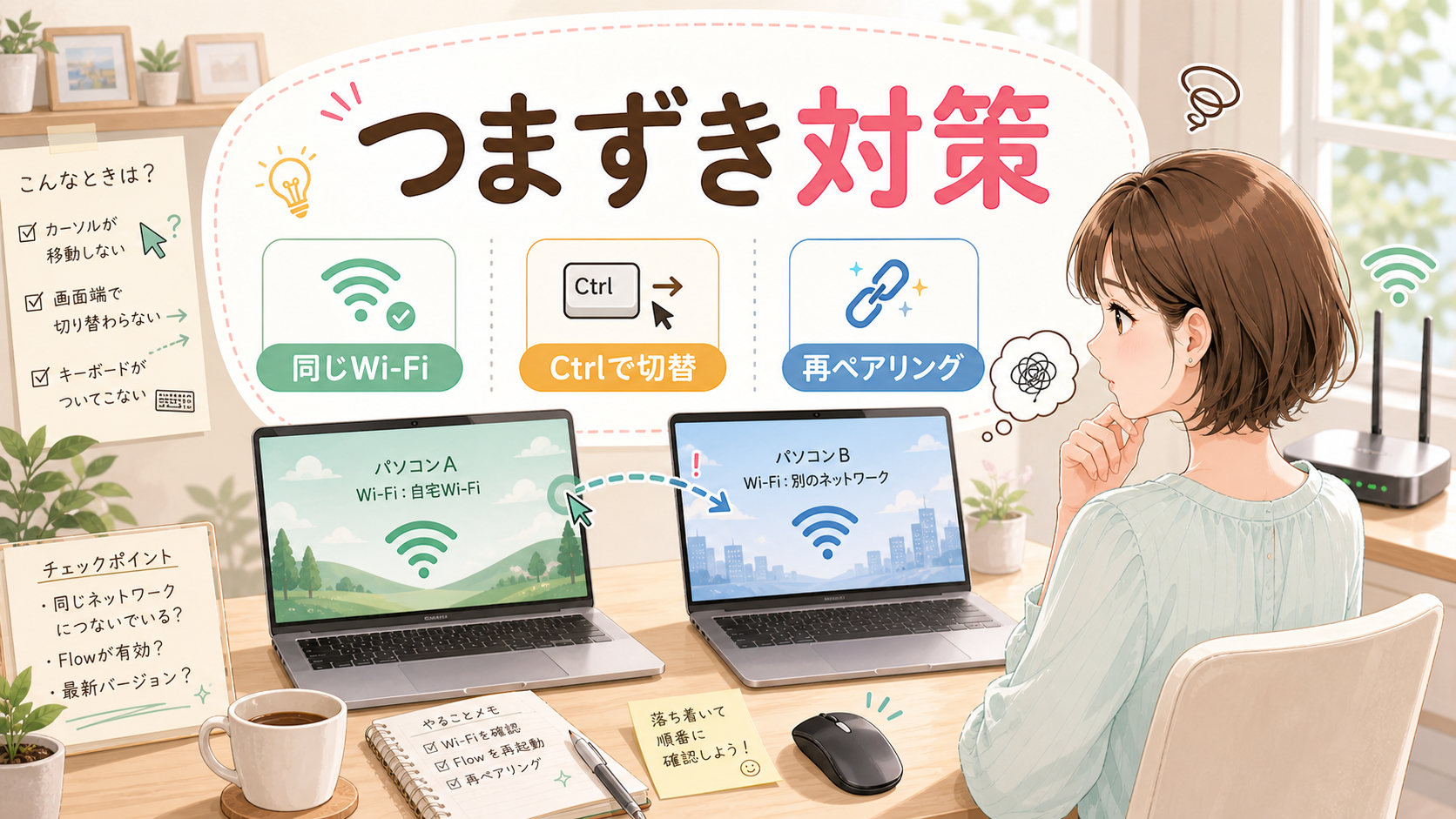 Logicool Flowがつながらない時の対策。同じWi-Fi、Ctrl切替、再ペアリングを確認する図解