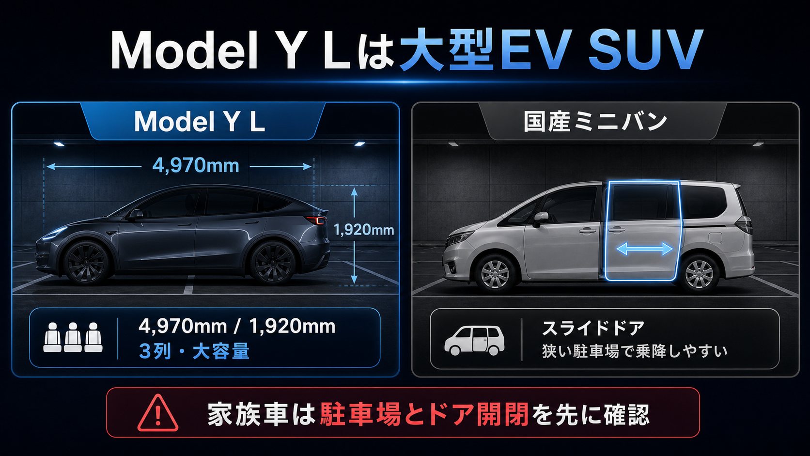 Model Y Lと国産ミニバンの違いを示す比較ビジュアル