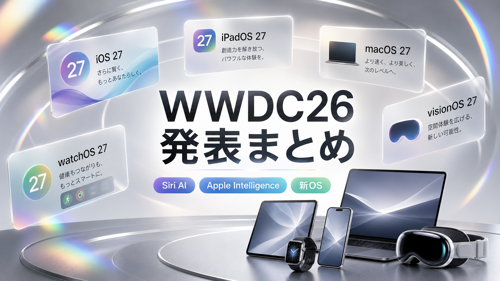 WWDC26で発表されたSiri AI、Apple Intelligence、新OSの注目点を明るいステージ構図でまとめたアイキャッチ