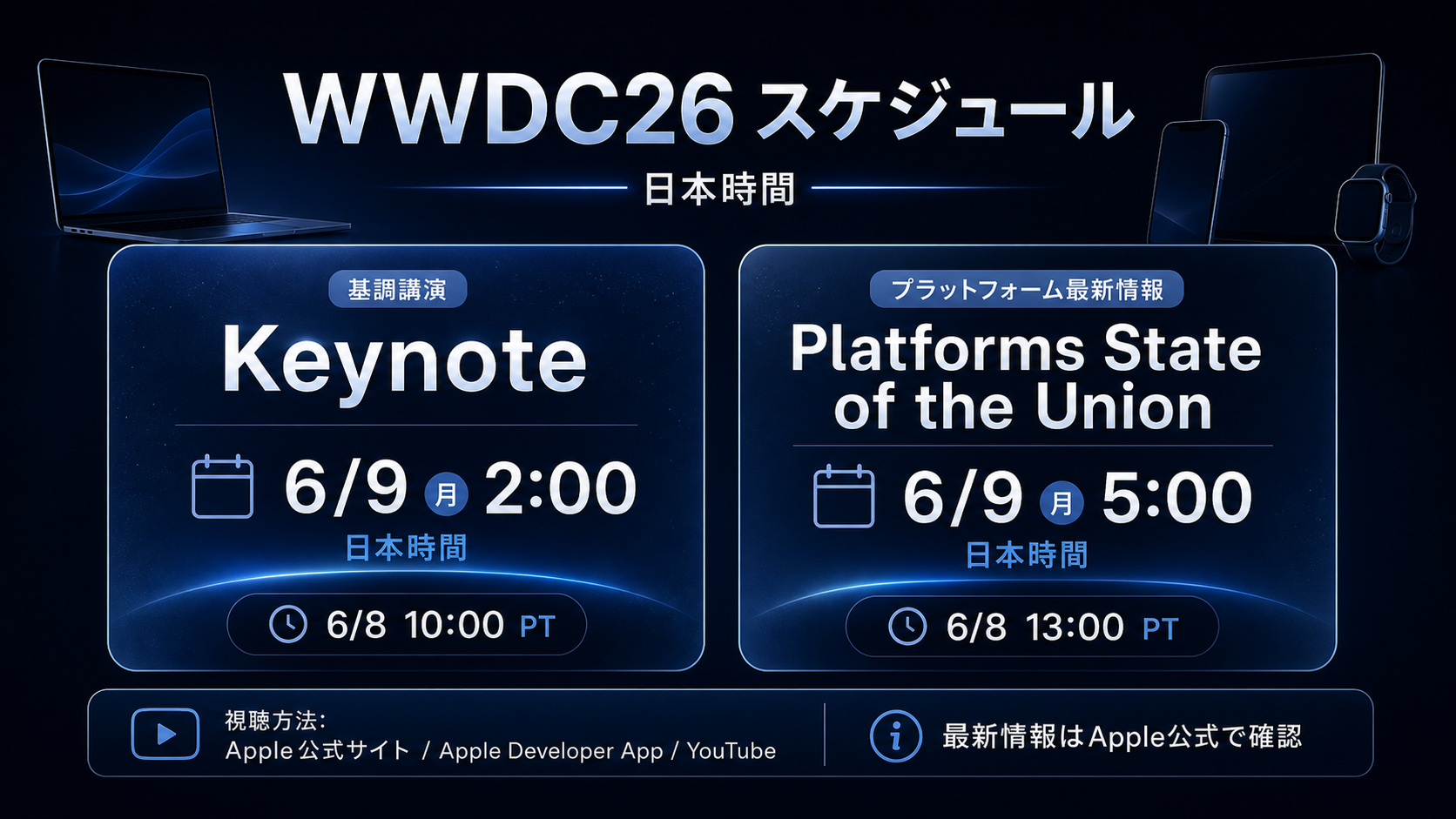 WWDC26のKeynoteとPlatforms State of the Unionを日本時間で整理した早見表