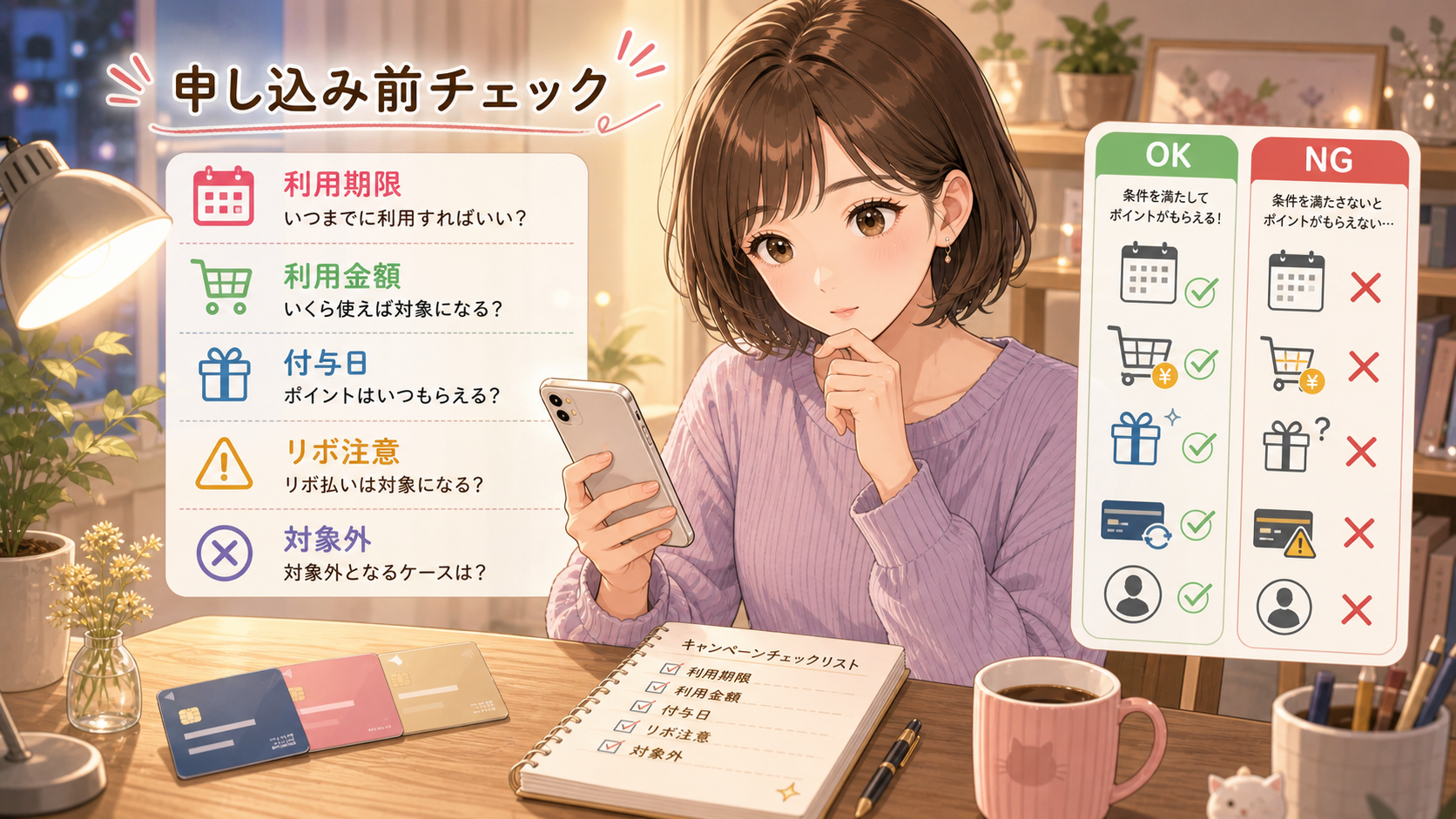 はるながクレジットカードキャンペーンの期限、利用額、リボ条件を確認しているイラスト