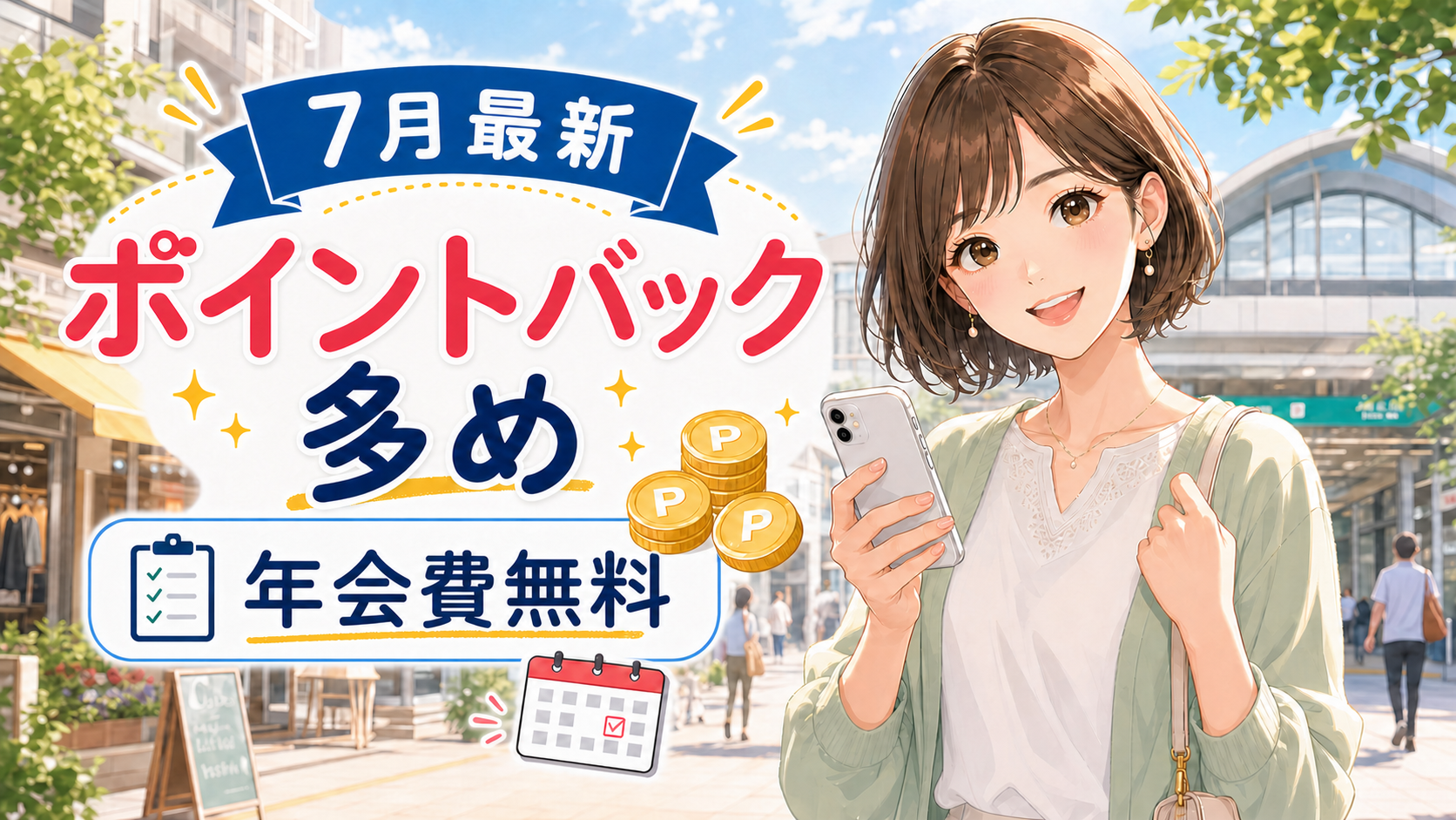 はるなが2026年7月のクレジットカードキャンペーン還元額を比較しているイラスト