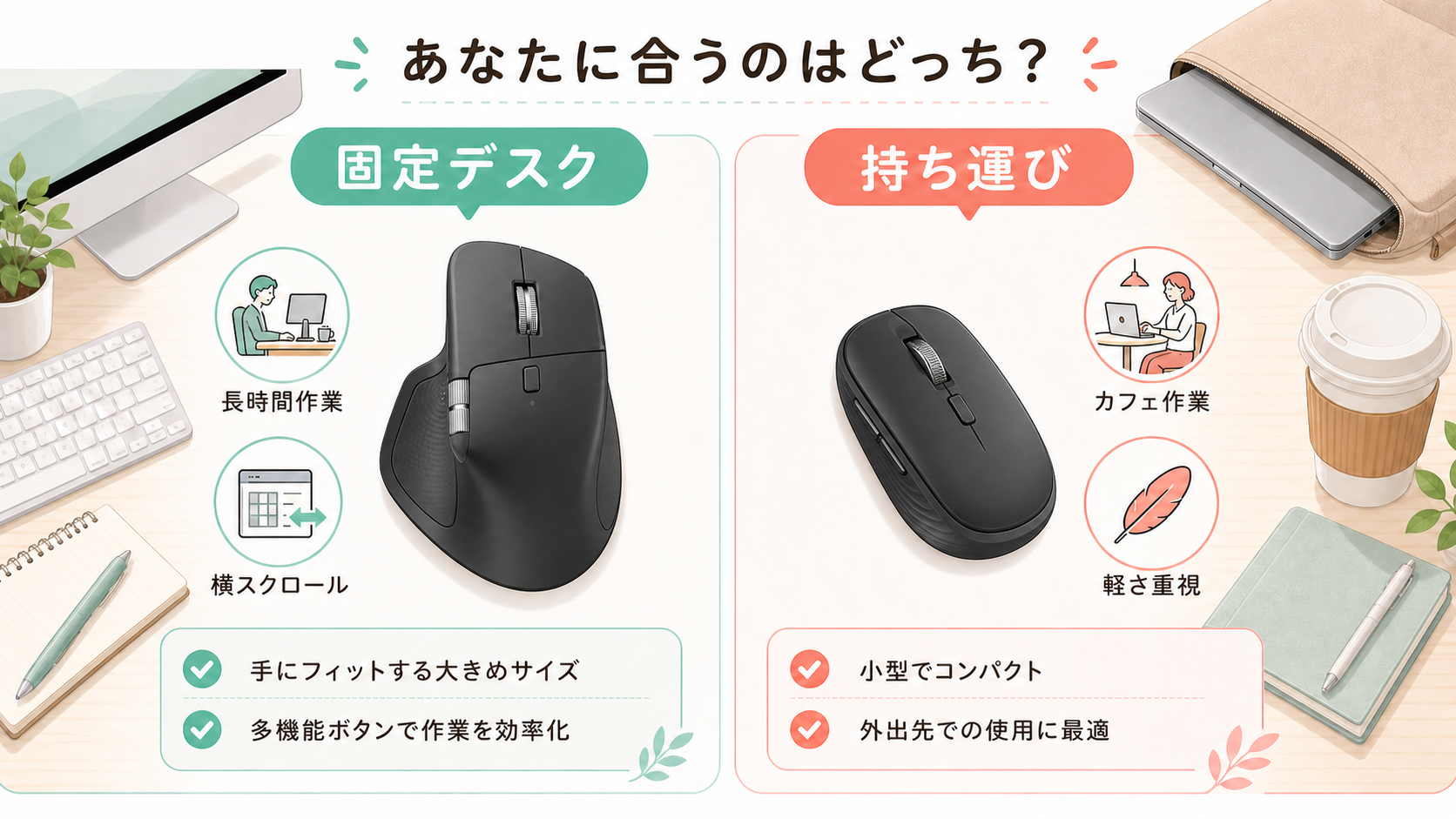 固定デスク向けと持ち運び向けのマウス選び比較