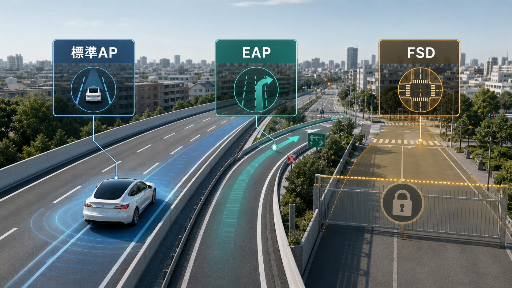 日本の道路を走るテスラと標準オートパイロット、EAP、FSDの3段階を表した図