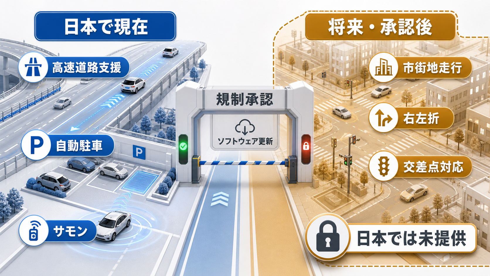 テスラFSDケイパビリティの日本で現在使えるEAP相当機能と将来提供予定機能の境界図